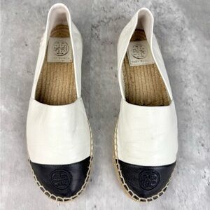 Tory Burch Leather Cap Toe Espadrille Flats White/Black Size 7